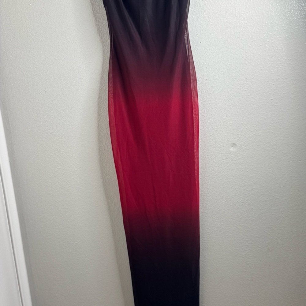 Fashion Nova Strapless Ombre Maxi Dress in Black and Red